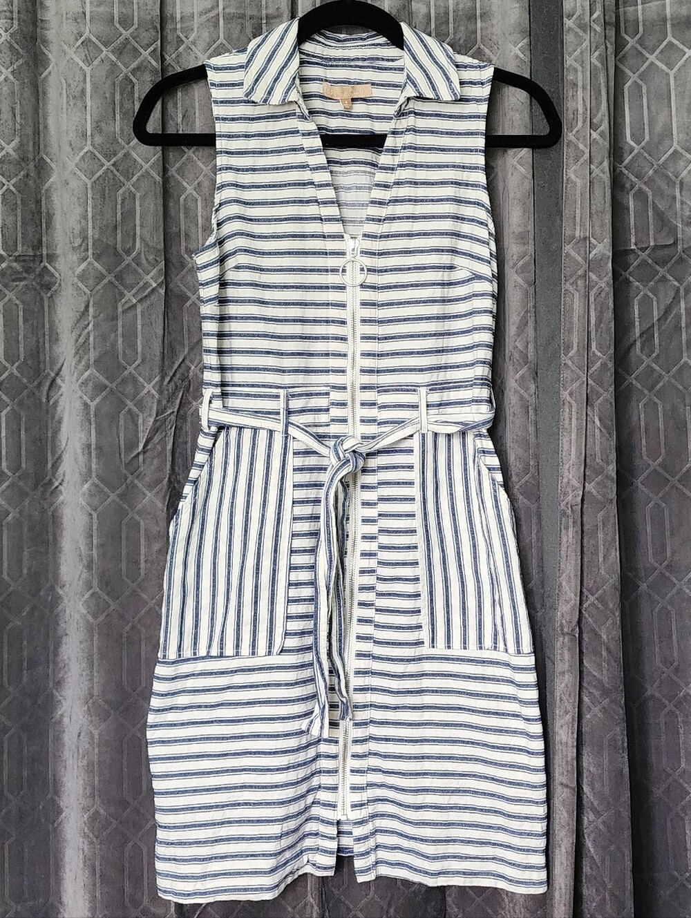 Hope and Harkow Sleeveless Blue & White Striped Midi Dress with Tie Belt Size 6